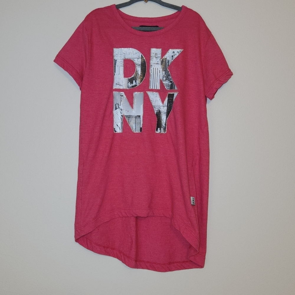 DKNY NYC Skyline Logo Short Sleeve Shirt Pink Silver Glitter